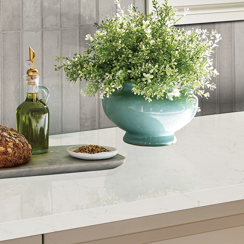 Carrara Delphi quartz countertop installed in a room setting