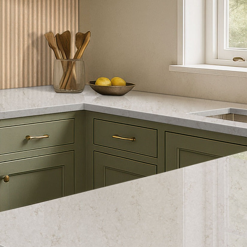 Cashmere Taj quartz countertop installed in a room setting