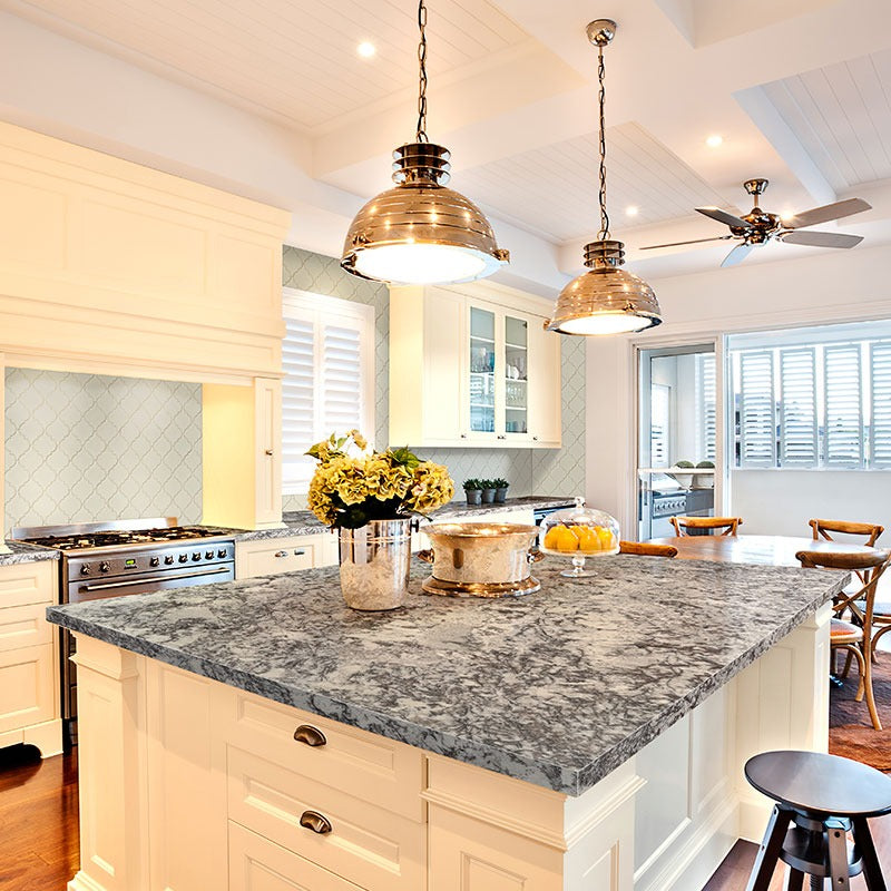 Delicatus White granite countertop installed in a kitchen