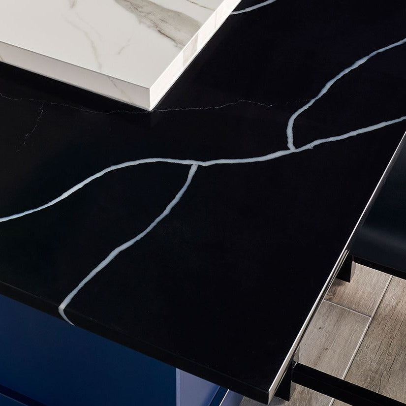 Marquina Midnight quartz countertop installed in a room setting