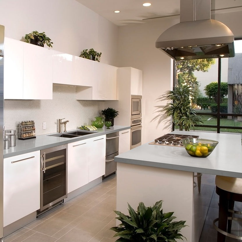 Polar White engineered marble installed in a room setting