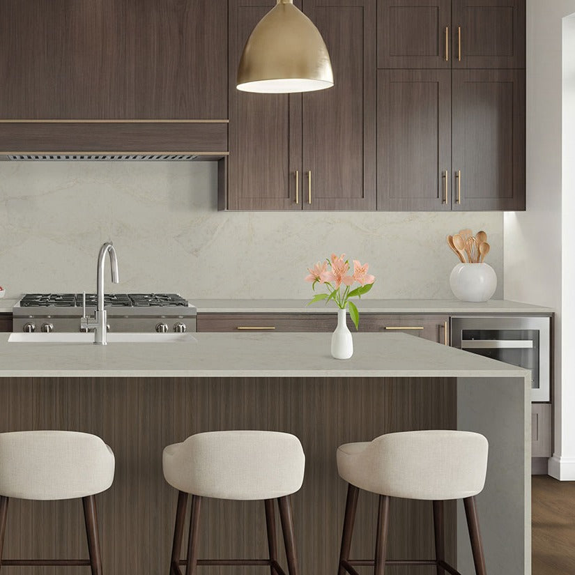 Serataj Brushed quartz kitchen countertop installed in a room setting