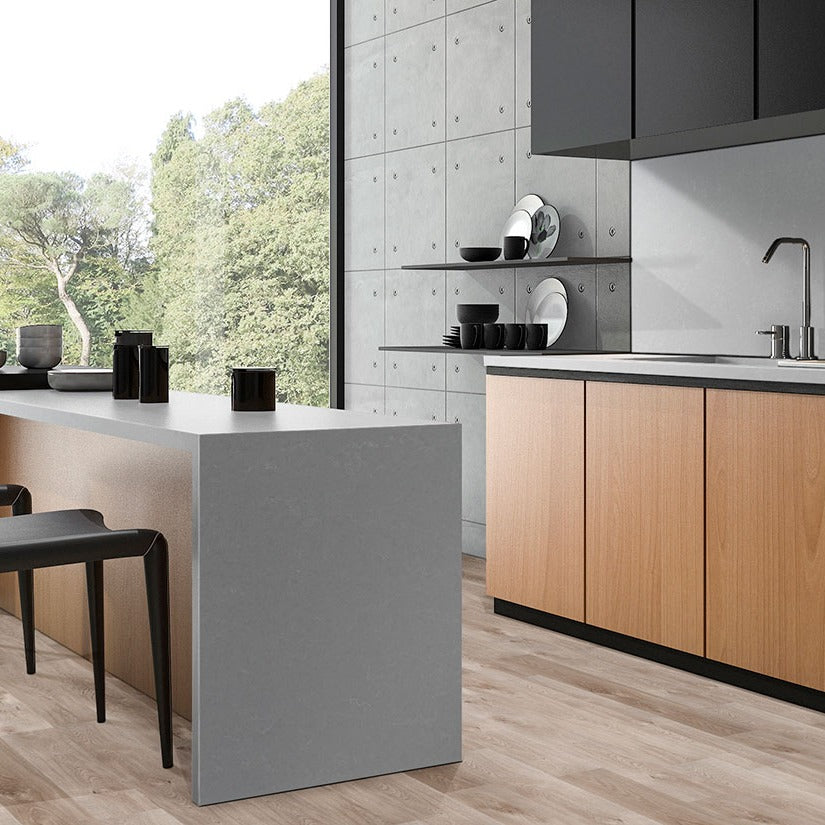 Smoked Pearl LumaLuxe quartz kitchen countertop installed in a room setting
