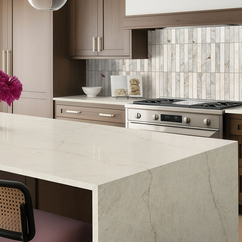 SoliTaj Brushed Q Plus quartz kitchen countertop installed in a room setting