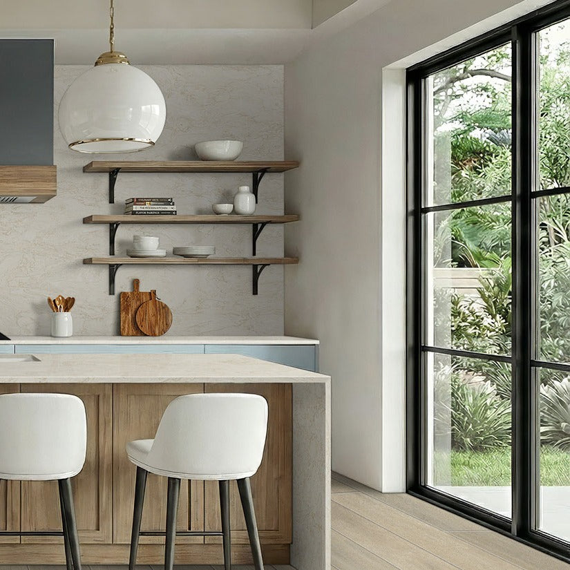 Travataj LumaLuxe quartz kitchen countertop installed in a room setting