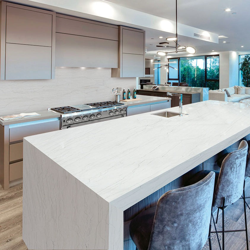 White Montreal quartzite installed in a room setting