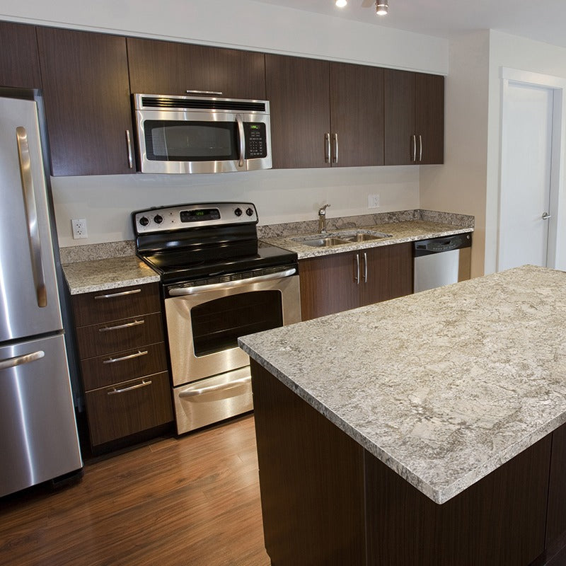 White Sand granite countertop installed in a kitchen