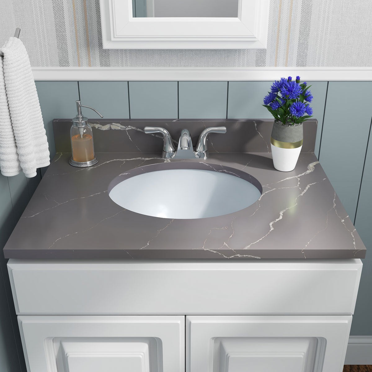 Oval 17" x 14" Porcelain Undermount Bathroom Sink in White, installed in a room setting