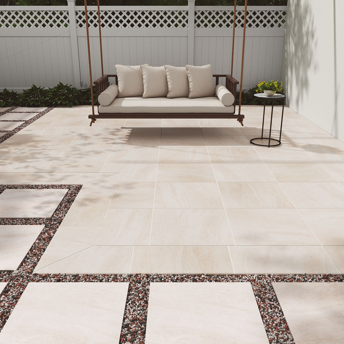 Praia Crema Arterra Porcelain Pavers shown installed in a finished outdoor or living space
