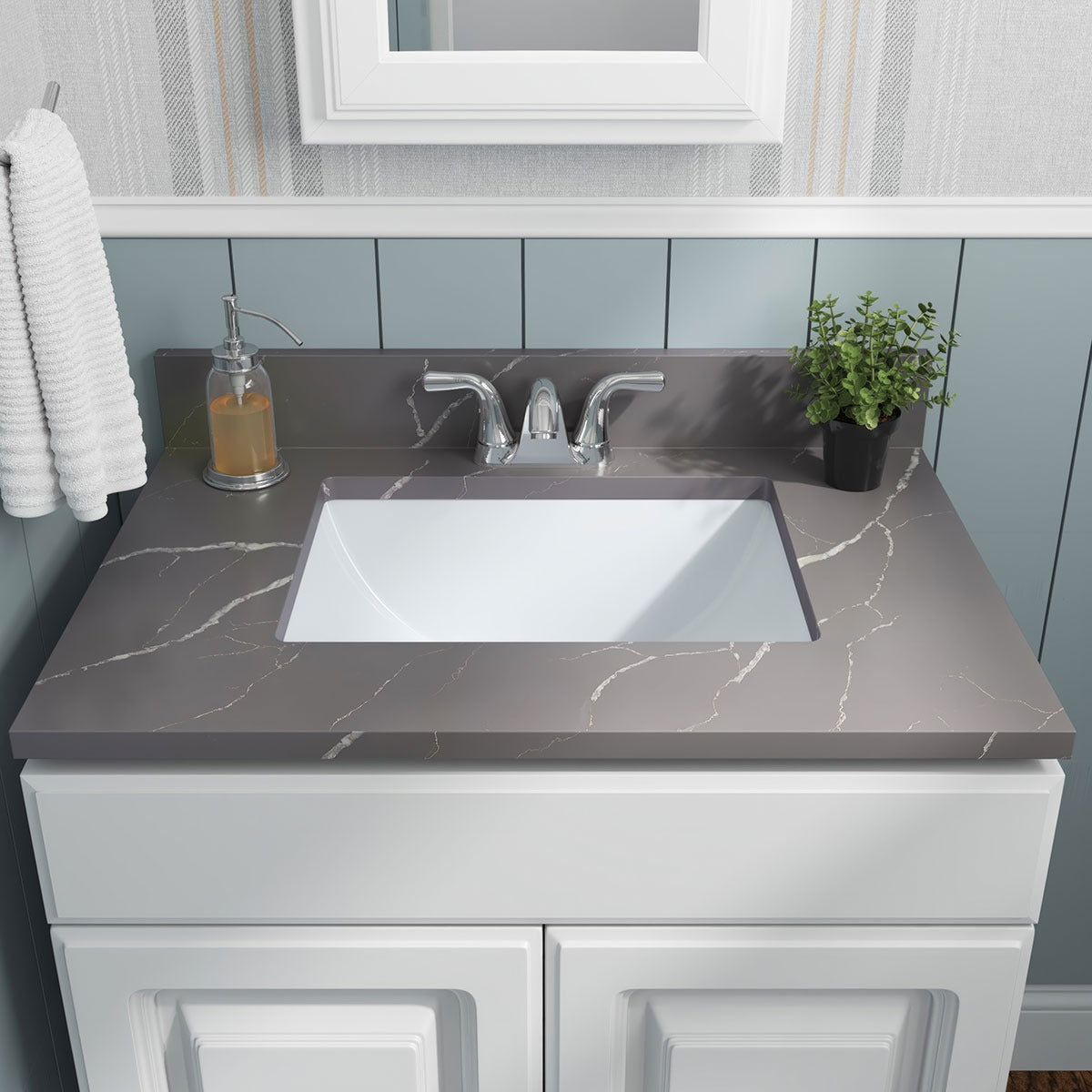 Rectangle 19" x 14" Porcelain Undermount Bathroom Sink in White, installed in a room setting