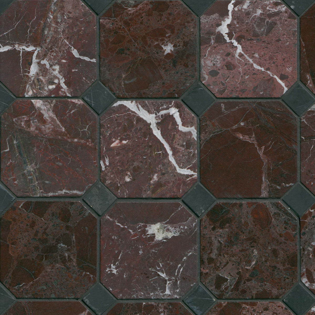 Rosso Levanto 4" Octagon Marble Mosaic in brushed finish, close up sheet view