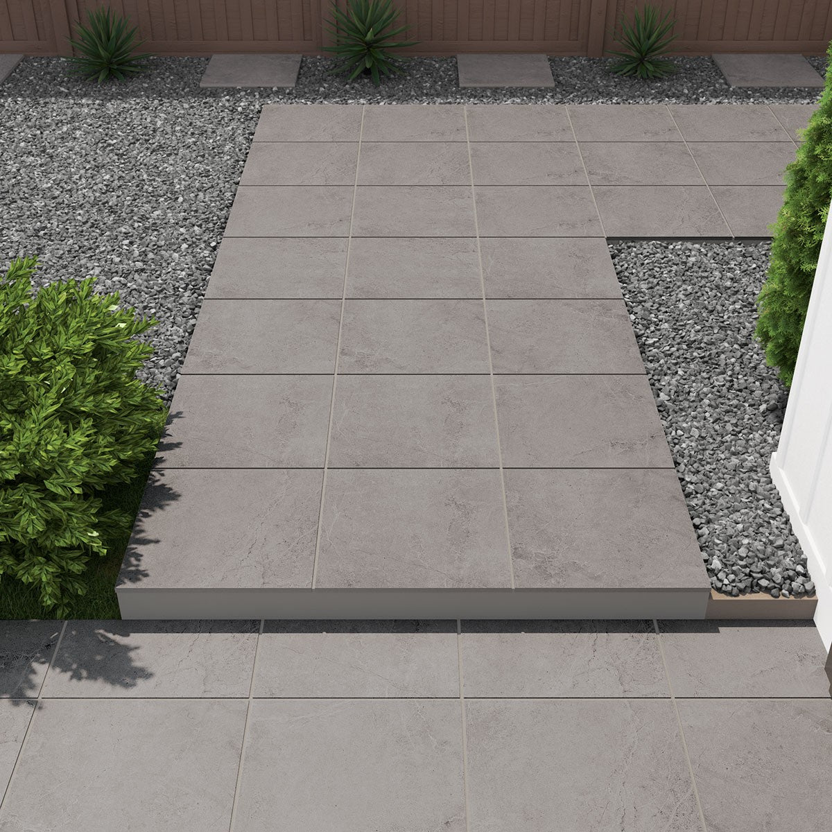 Soreno Grigio Arterra Porcelain Pavers shown installed in a finished outdoor or living space