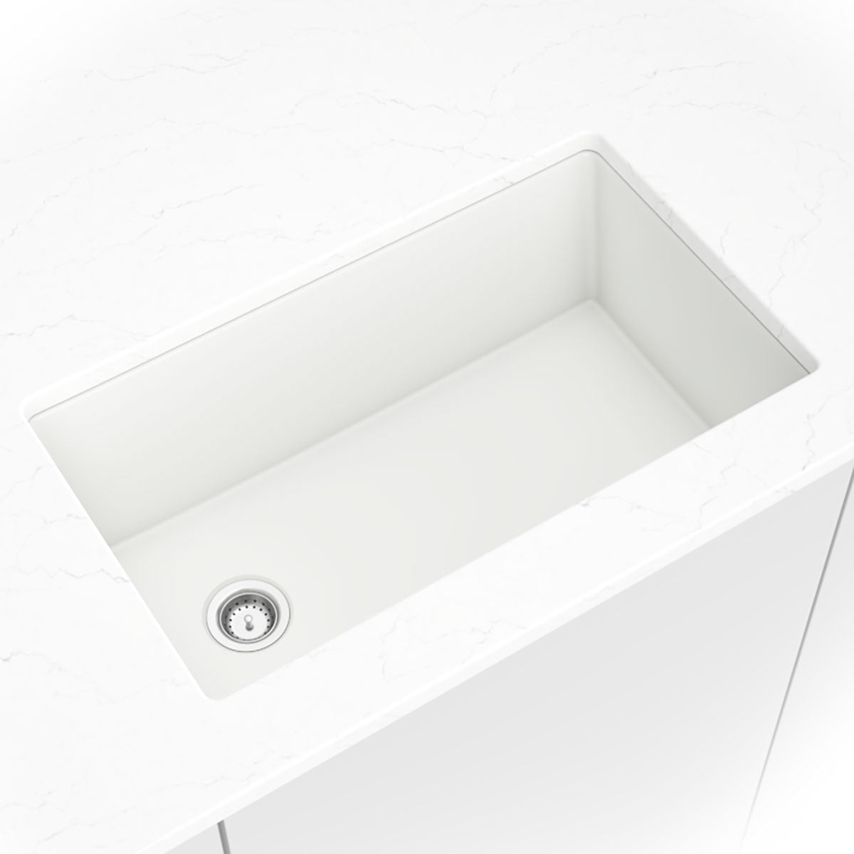 Straight 32" x 20" Quartz Composite Undermount Kitchen Sink in White, installed close up