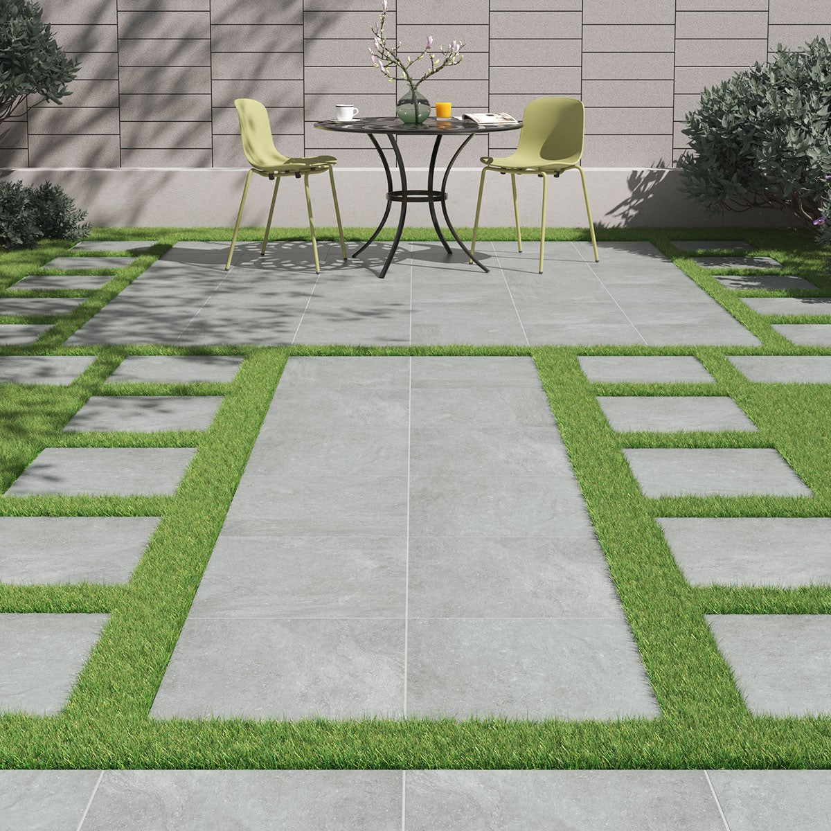 Vulkon Grey Arterra Porcelain Pavers shown installed in a finished outdoor or living space