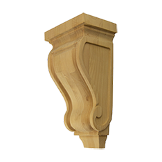 Contemporary Scroll Wood Corbel in unfinished solid wood, 10.1 inch x 3.75 inch x 5.375 inch