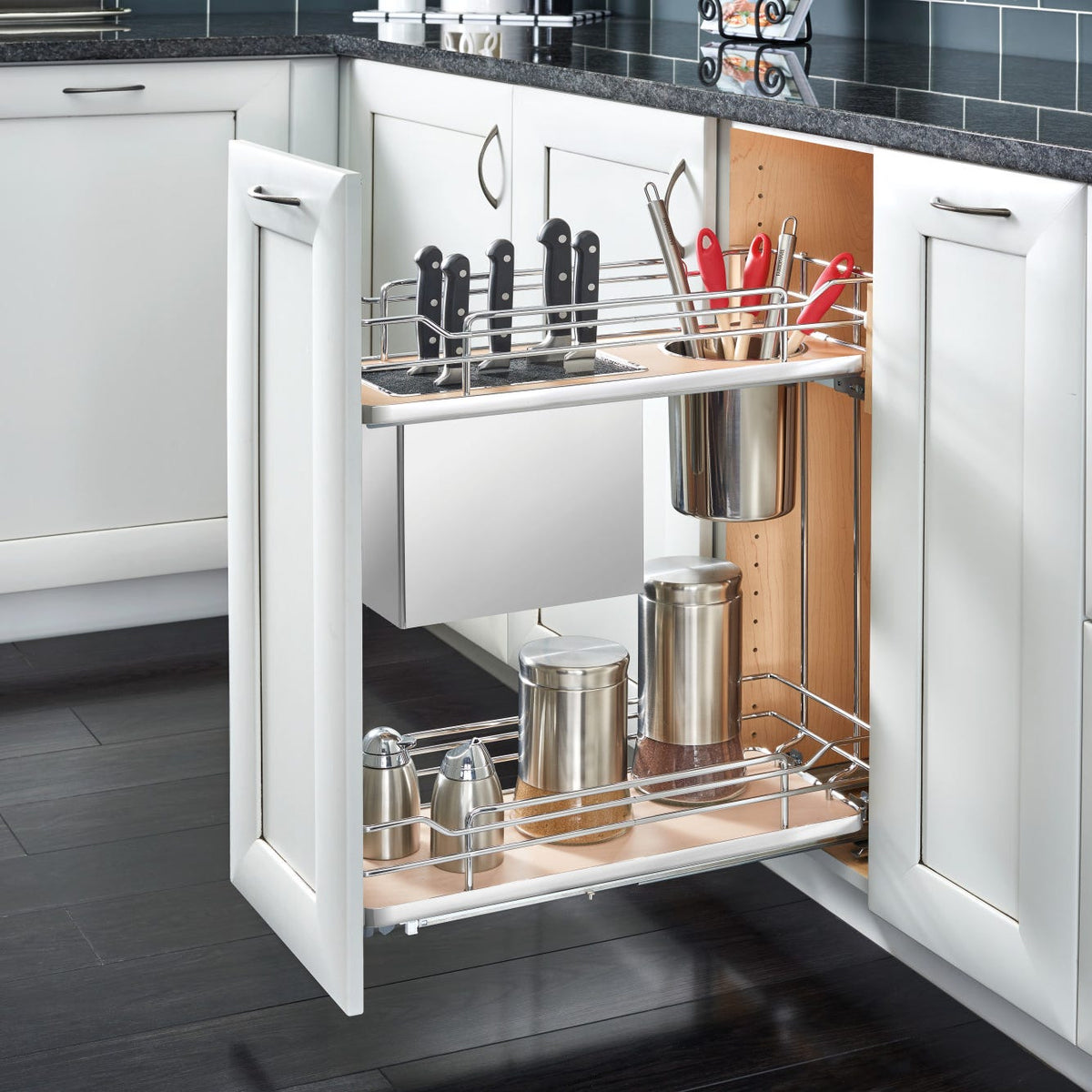 Rev-A-Shelf Contemporary Base Cabinet Pullout with Knife Block and Utensil Bin