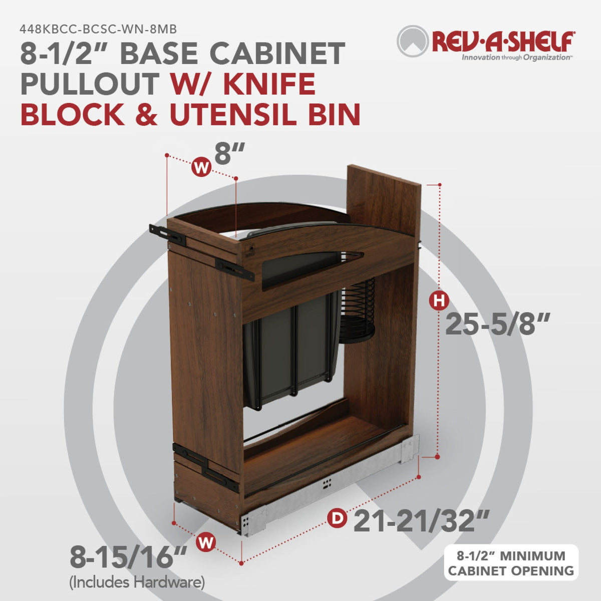 Rev-A-Shelf Craftsman Collection Solid Wood Knife Block Pullout Organizer with BLUM Soft-Close, walnut