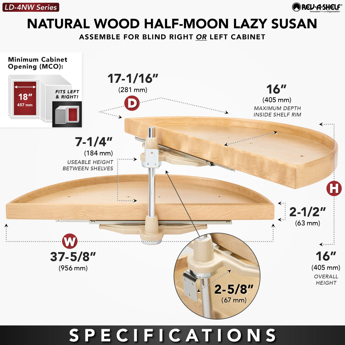Rev-A-Shelf Natural Wood Half Moon Organizer for Blind Corner Cabinets, maple