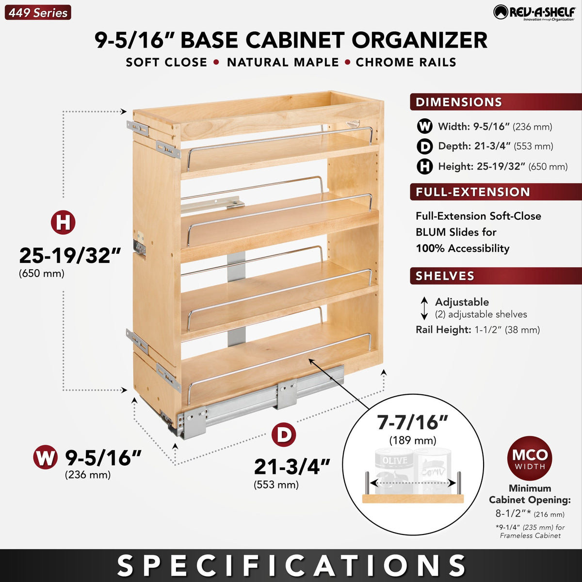 Rev-A-Shelf Side and Bottom Mount Base Pullout with BLUMOTION Soft-Close, natural maple