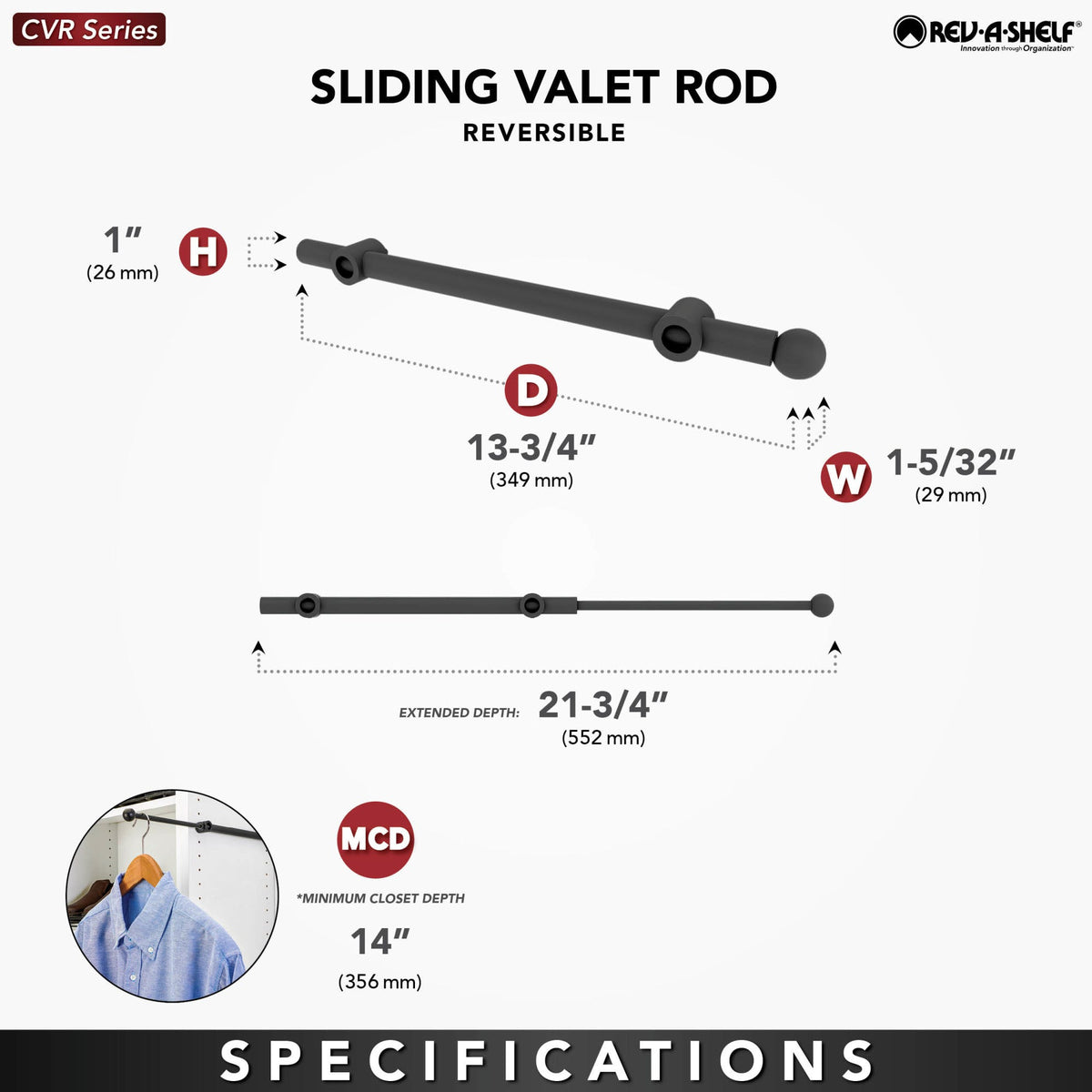 Rev-A-Shelf Sliding Valet Rod for Custom Closet Systems, matte black