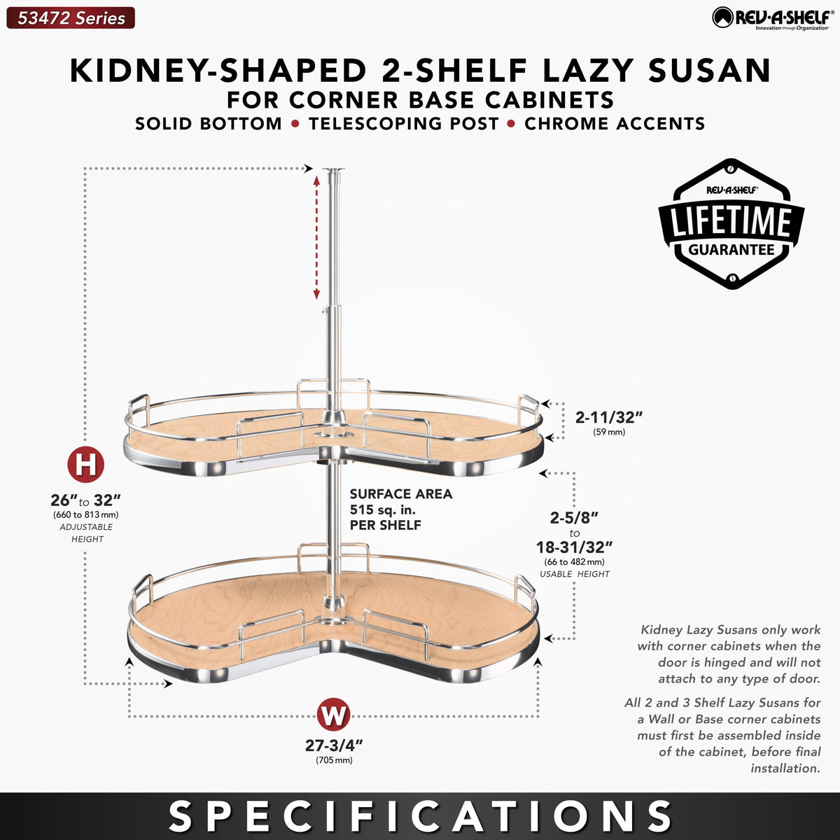 Rev-A-Shelf Solid Bottom 2-Shelf Kidney-Shaped Lazy Susan for Corner Base Cabinet, maple