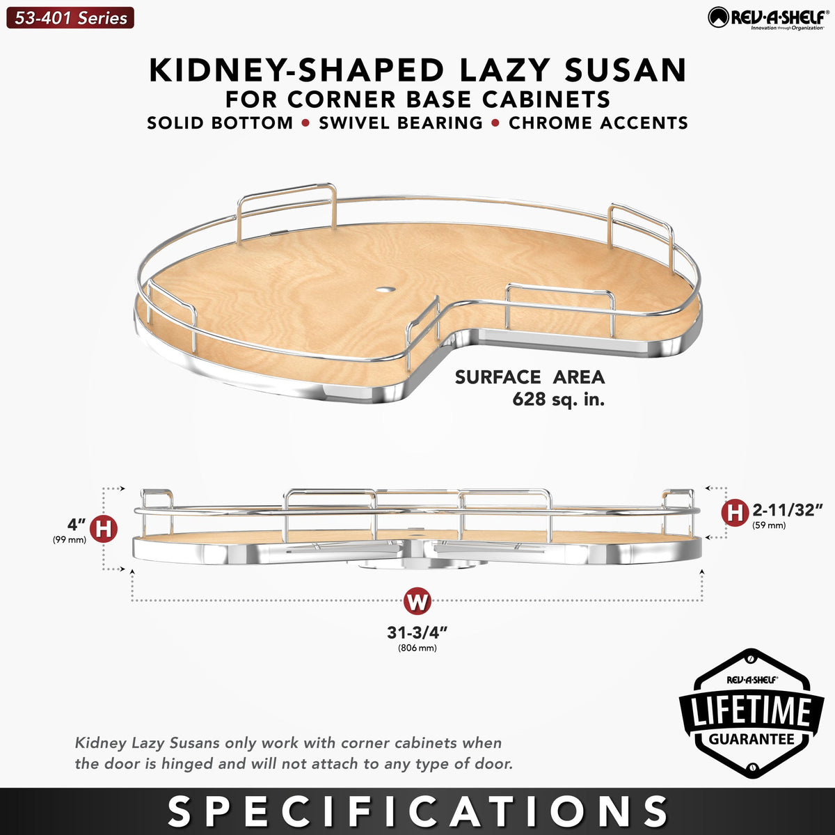 Rev-A-Shelf Solid Bottom Kidney-Shaped Lazy Susan for Corner Base Cabinet with Swivel Bearing, natural maple