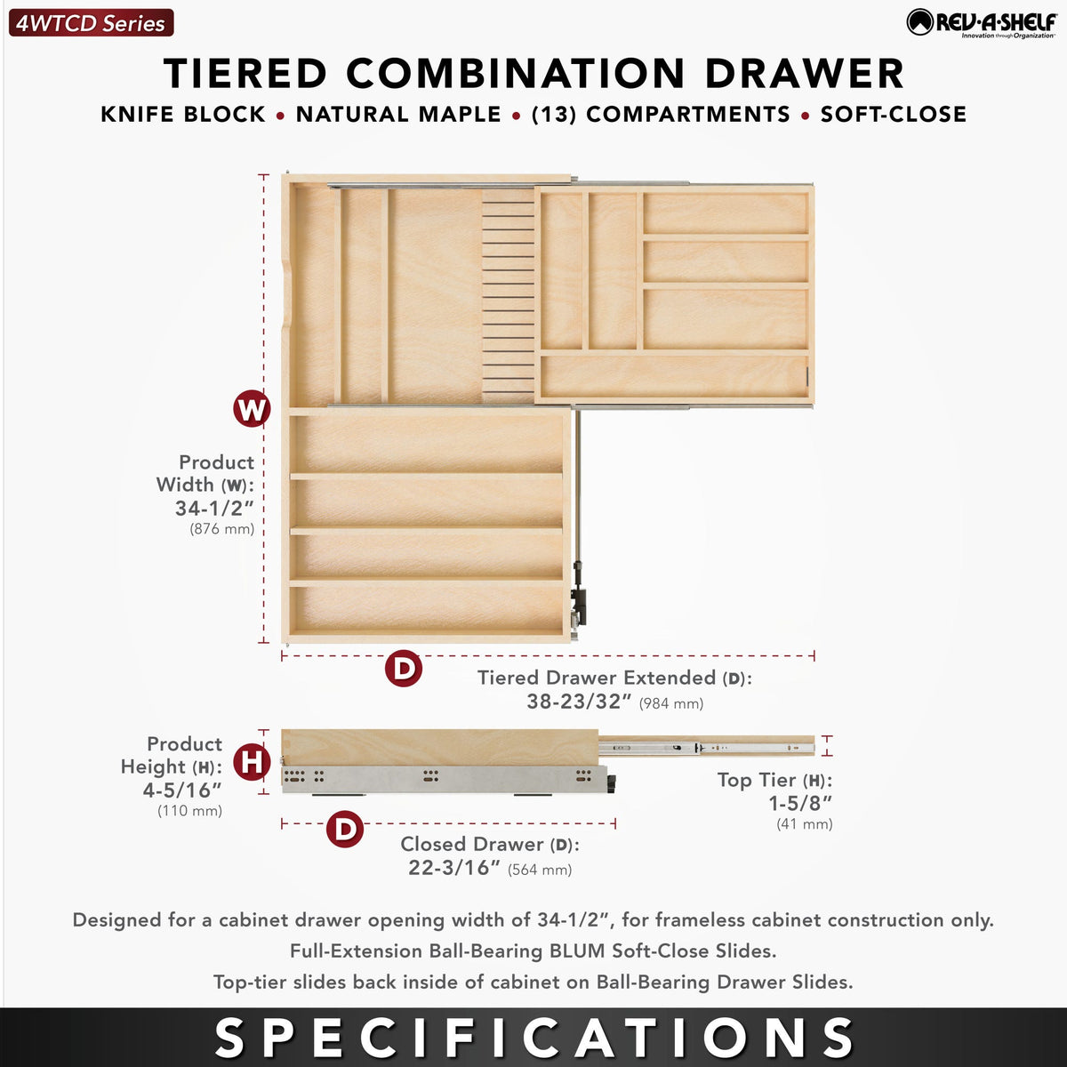 Rev-A-Shelf Tiered Combination Drawer, maple