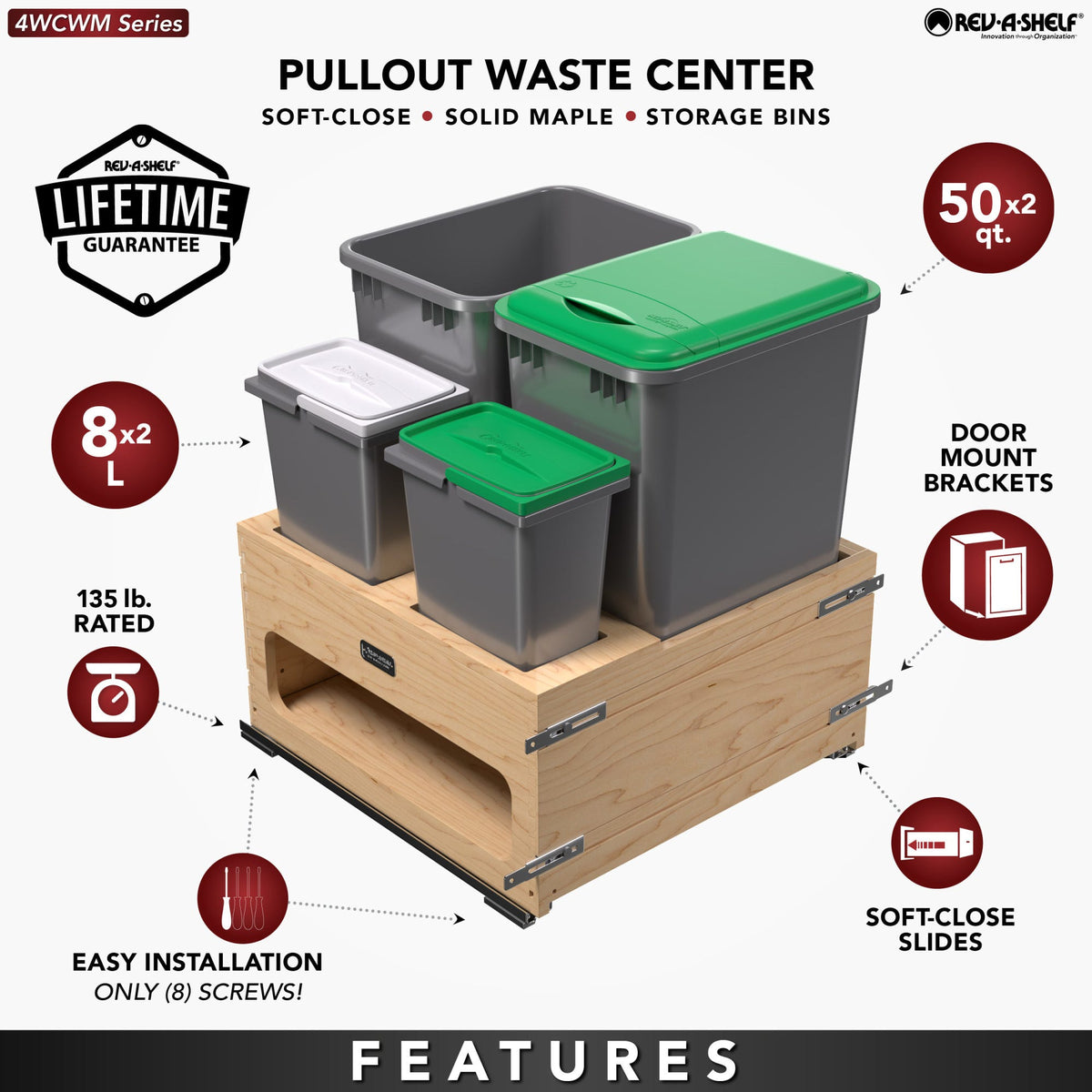 Rev-A-Shelf Wood Bottom Mount Waste Management Center with Soft-Close
