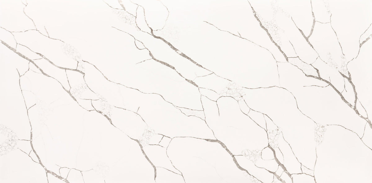 Calacatta Super Bella silica free quartz slab by Stratus Surfaces, white with brown, gold and gray veining, polished finish