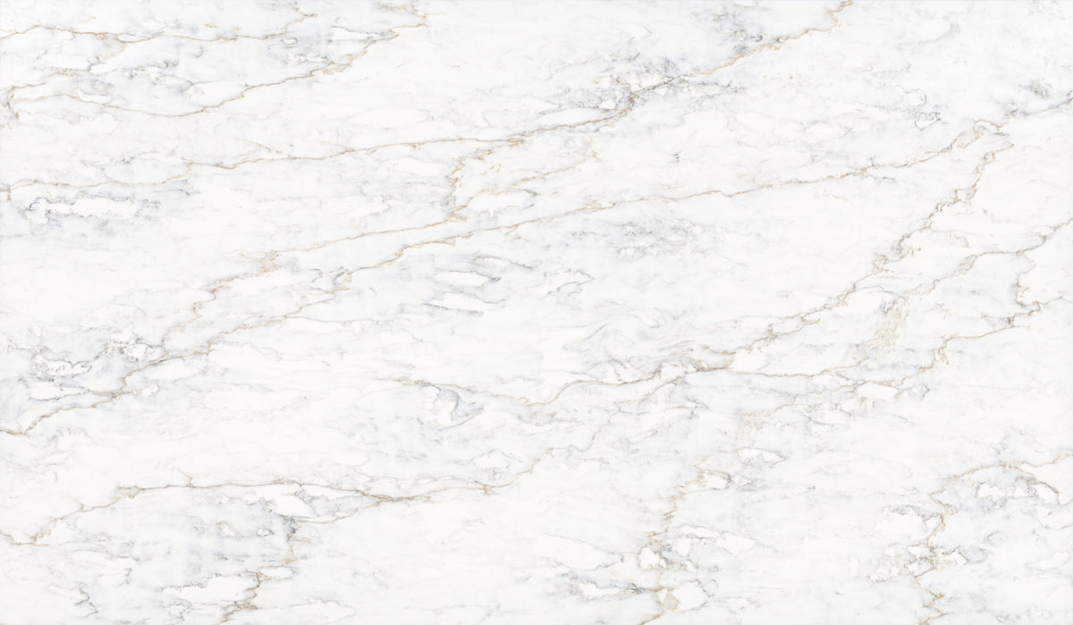 Delicato Valley Matte silica free quartz slab by Stratus Surfaces, white with gold and gray veining, matte finish