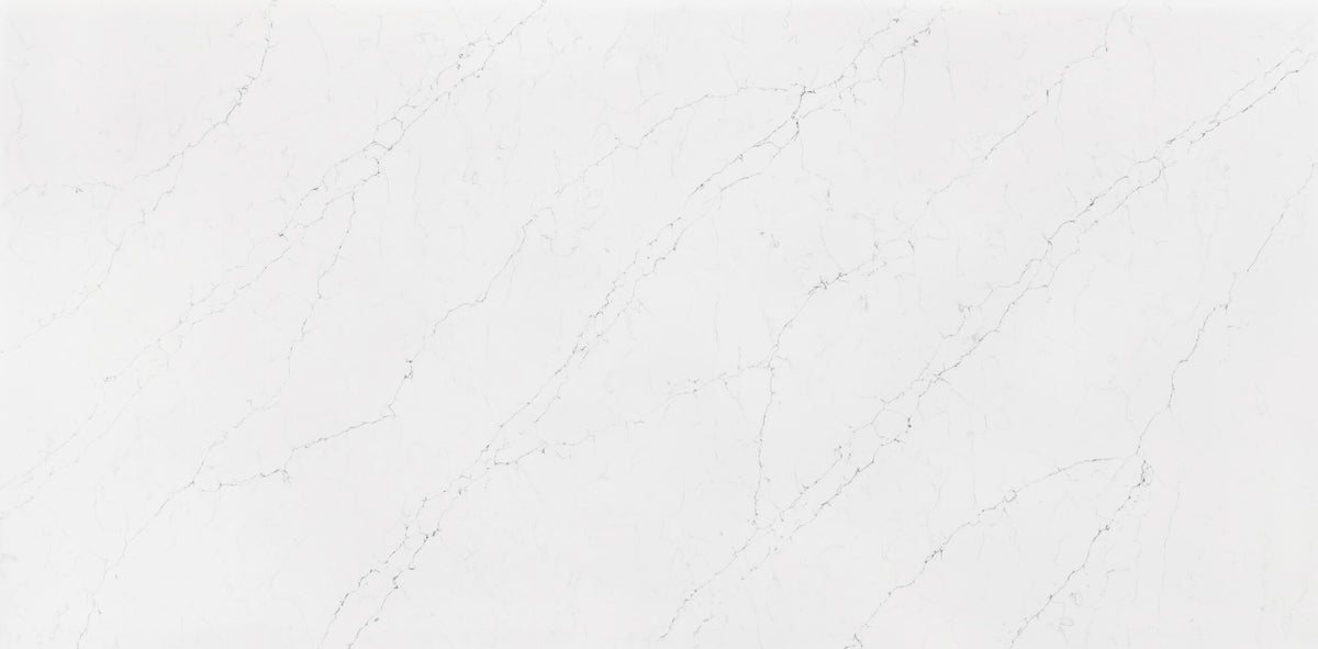 Lenox Grigio silica free quartz slab by Stratus Surfaces, white with gray veining, polished finish