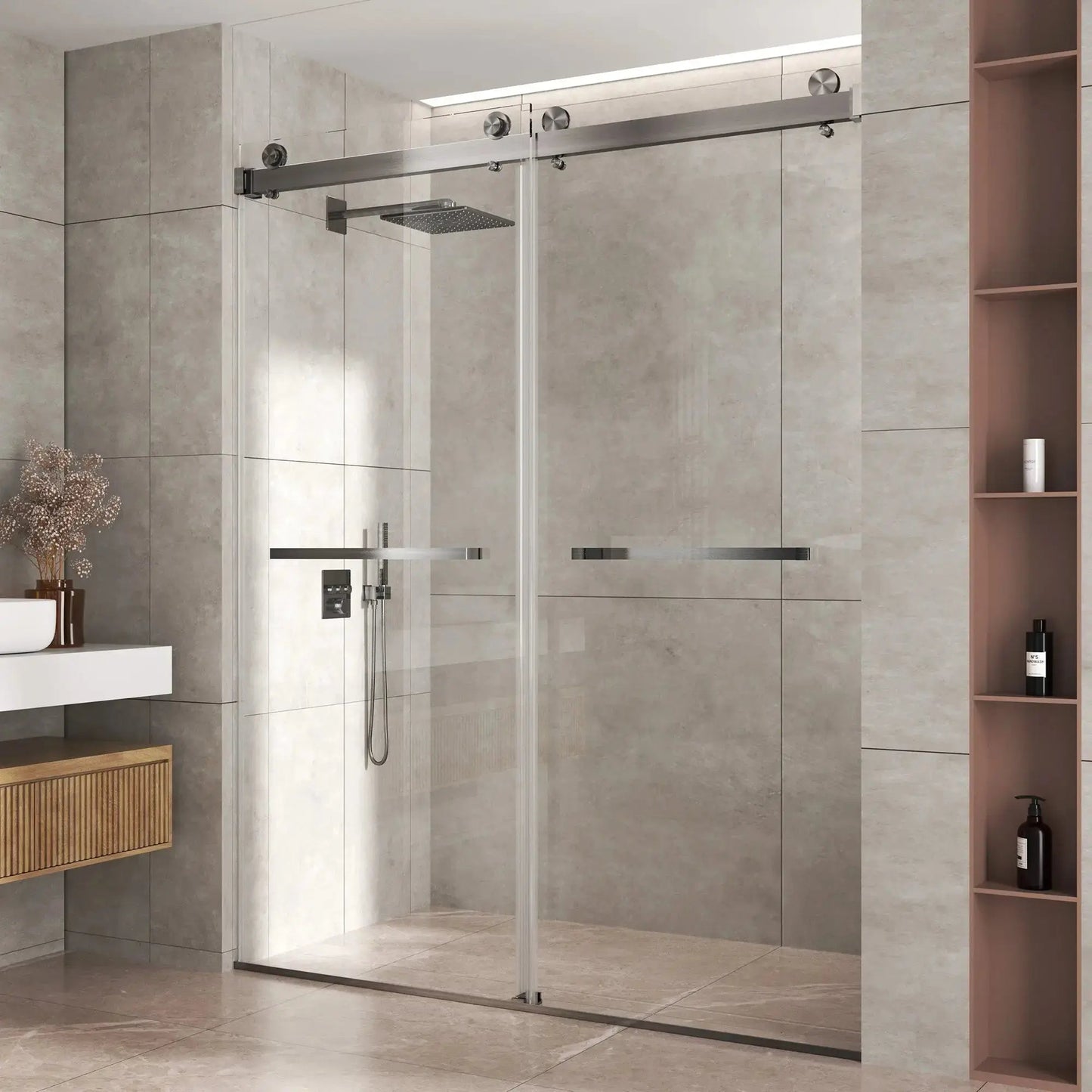 Additional view of the Solstice 76 inch frameless sliding shower door, 3/8 inch tempered glass