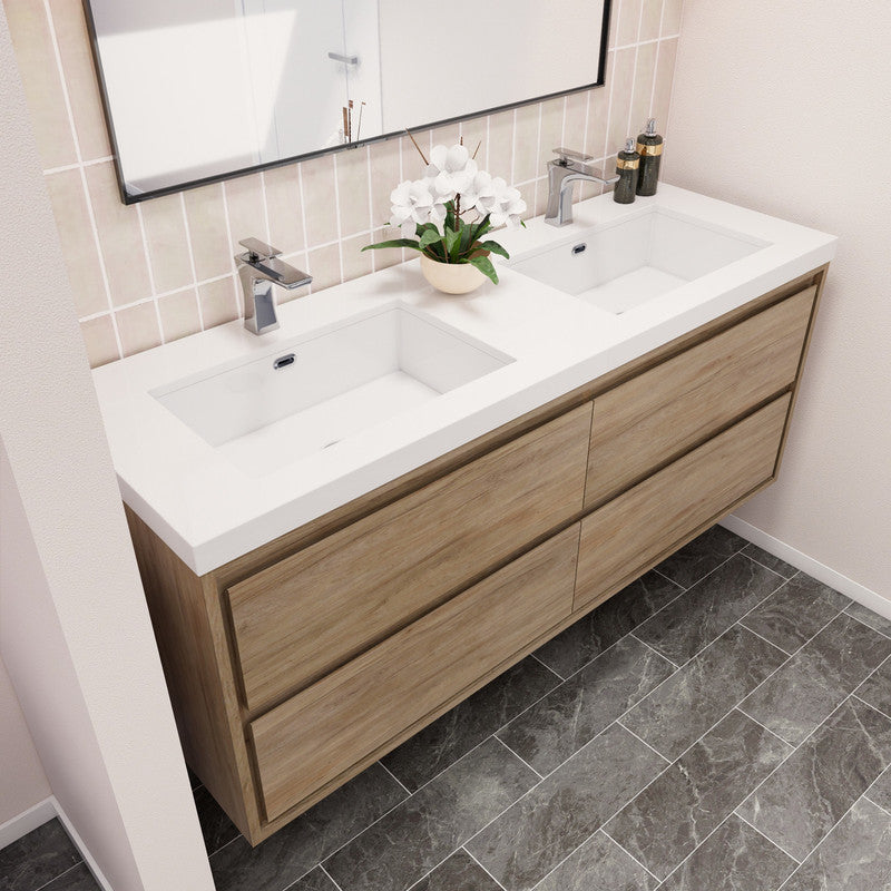 Sage Double 60" Wall Mounted Bathroom Vanity with Reinforced Acrylic Integrated Sink Top