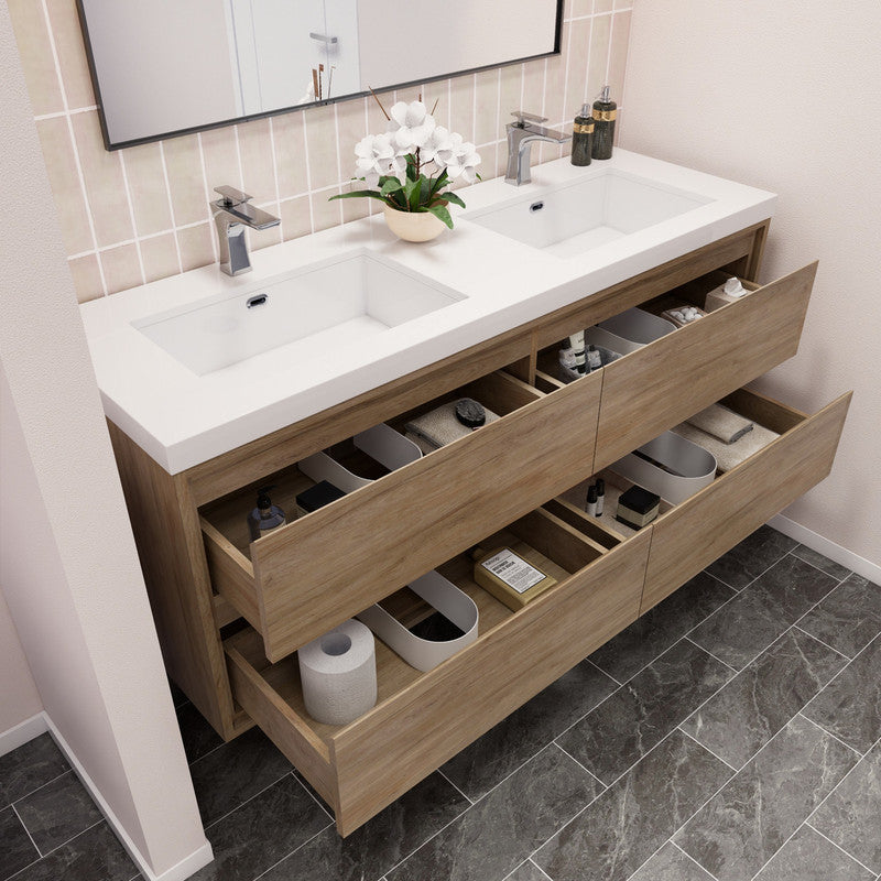 Sage Double 60" Wall Mounted Bathroom Vanity with Reinforced Acrylic Integrated Sink Top