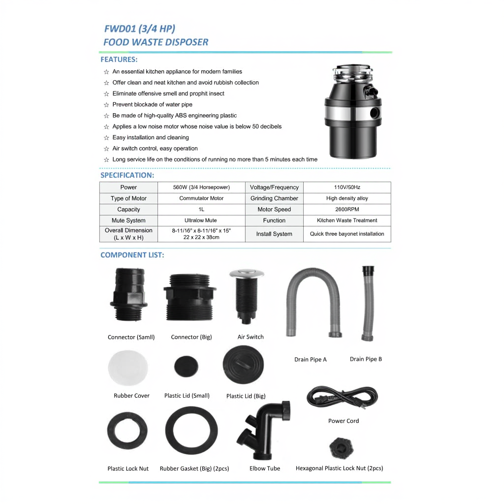 Odalys 3/4 HP Kitchen Garbage Disposal - detail