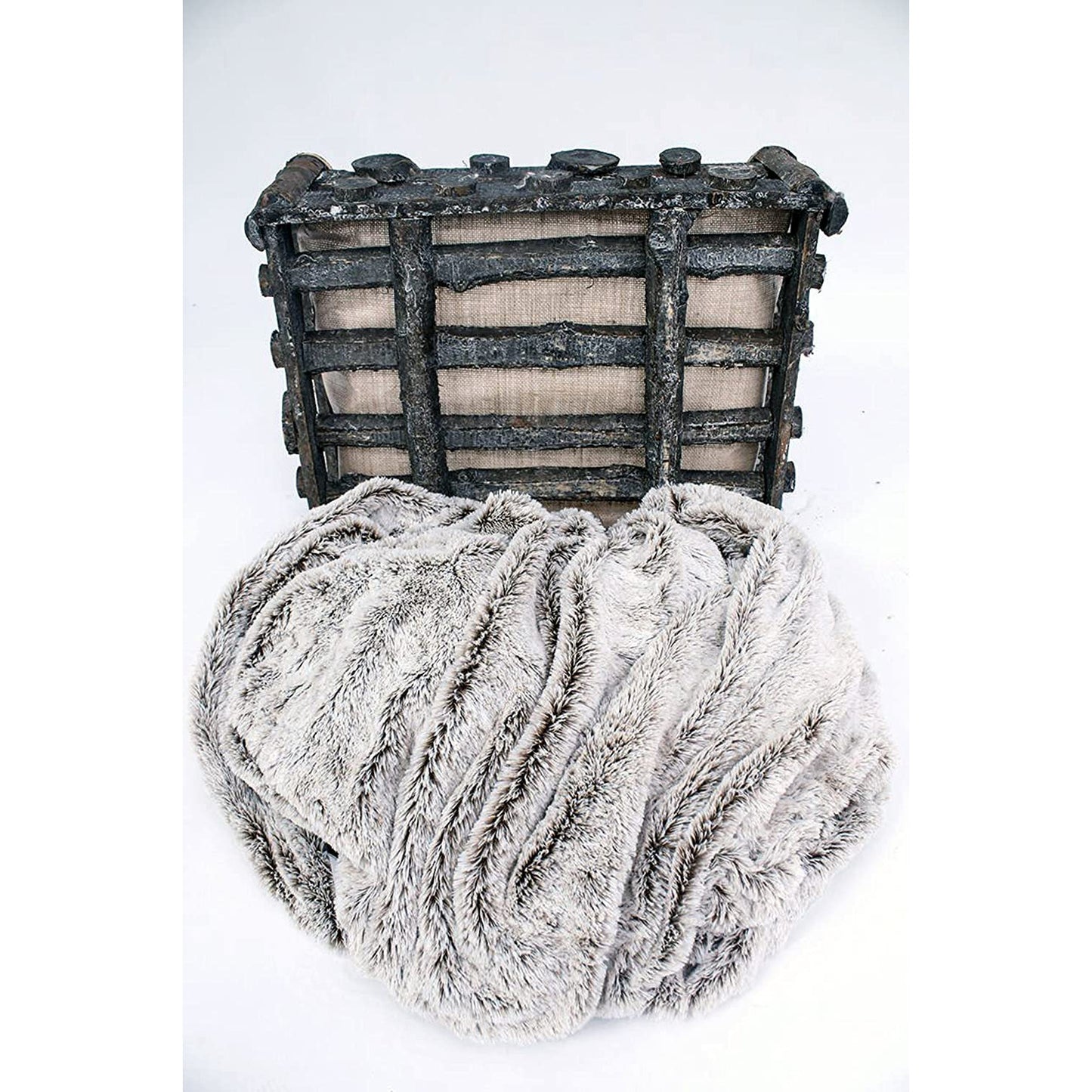 Faux Grey Fur With Brown Highlights With Fleece Back Throw Blanket