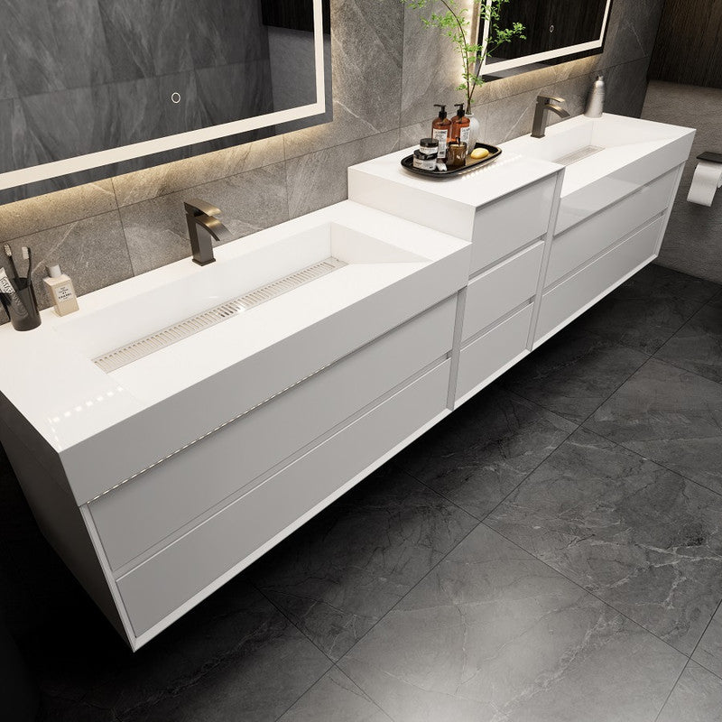 Max 92" Wall Mounted Bathroom Vanity with Reinforced Acrylic Integrated Sink Top and Center Linen Cabinet