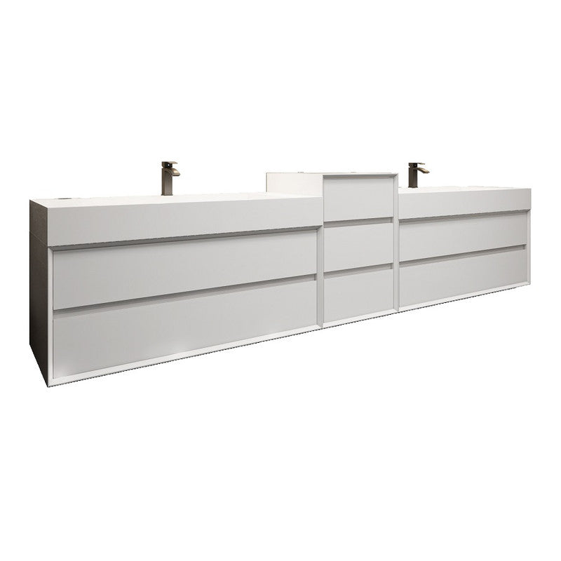 Max 140" Wall Mounted Bathroom Vanity with Reinforced Acrylic Integrated Sink Top and Linen Cabinet