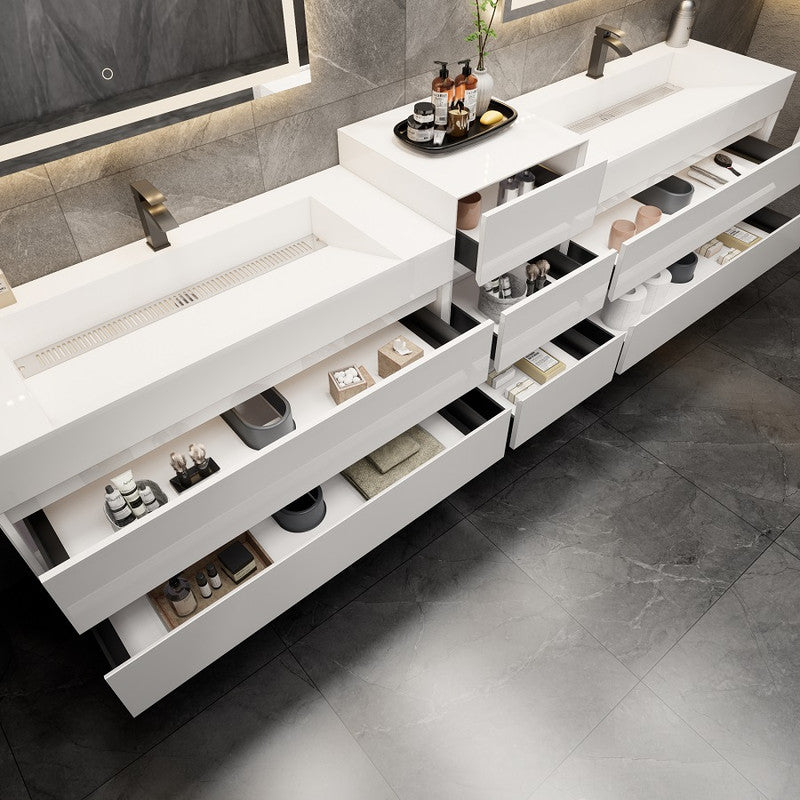 Max 140" Wall Mounted Bathroom Vanity with Reinforced Acrylic Integrated Sink Top and Linen Cabinet