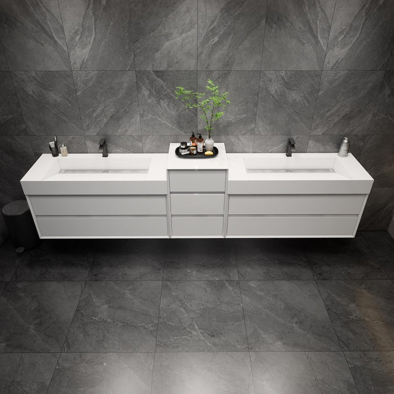 Max 140" Wall Mounted Bathroom Vanity with Reinforced Acrylic Integrated Sink Top and Linen Cabinet