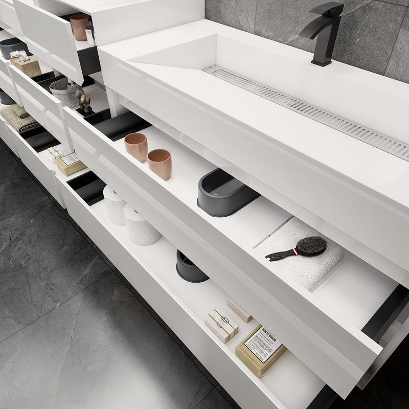 Max 140" Wall Mounted Bathroom Vanity with Reinforced Acrylic Integrated Sink Top and Linen Cabinet