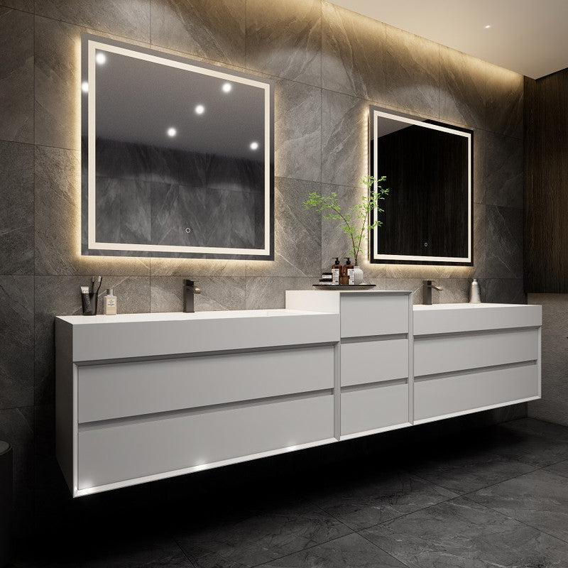Max 140" Wall Mounted Bathroom Vanity with Reinforced Acrylic Integrated Sink Top and Linen Cabinet