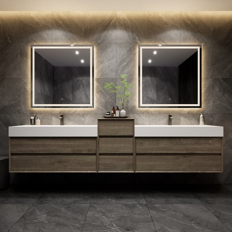 Max 140" Wall Mounted Bathroom Vanity with Reinforced Acrylic Integrated Sink Top and Linen Cabinet