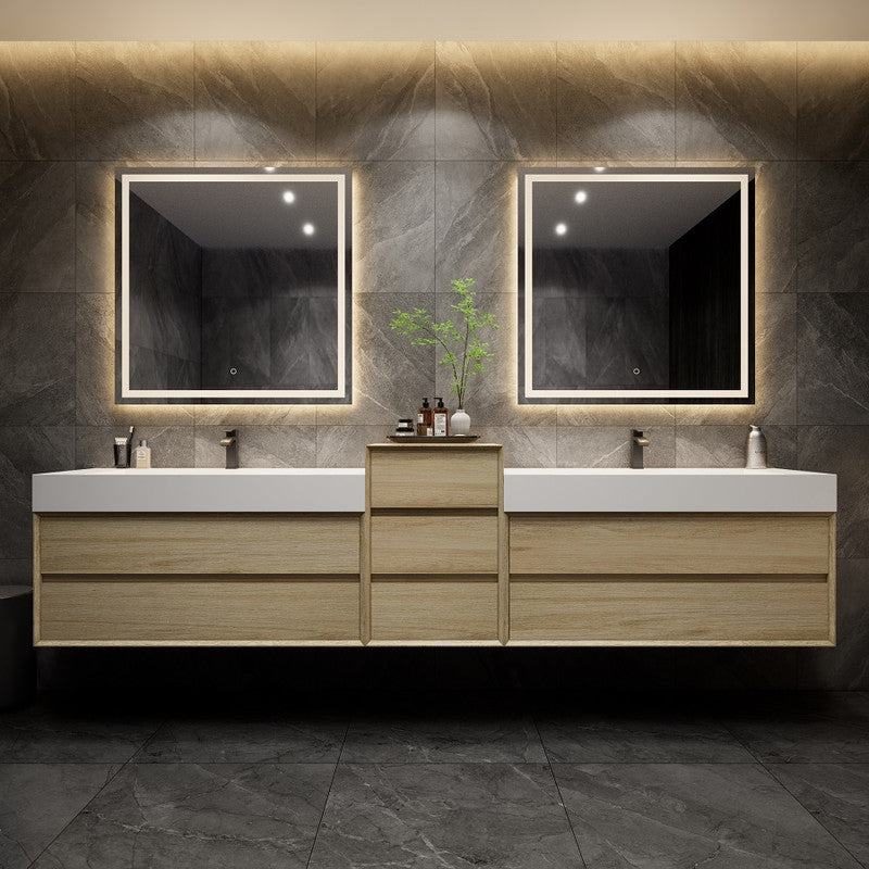 Max 140" Wall Mounted Bathroom Vanity with Reinforced Acrylic Integrated Sink Top and Linen Cabinet