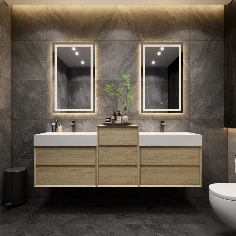 Max 68" Wall Mounted Bathroom Vanity with Reinforced Acrylic Integrated Sink Top and Center Linen Cabinet