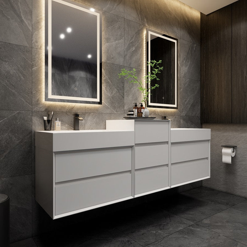 Max 68" Wall Mounted Bathroom Vanity with Reinforced Acrylic Integrated Sink Top and Center Linen Cabinet
