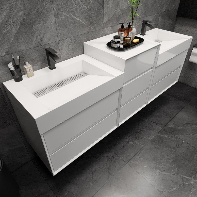 Max 68" Wall Mounted Bathroom Vanity with Reinforced Acrylic Integrated Sink Top and Center Linen Cabinet