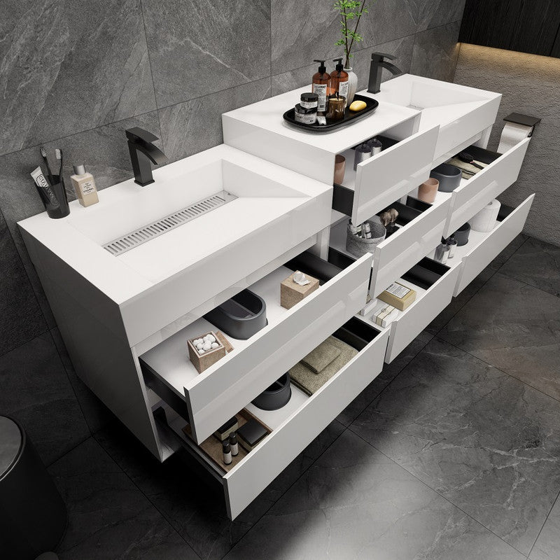 Max 68" Wall Mounted Bathroom Vanity with Reinforced Acrylic Integrated Sink Top and Center Linen Cabinet