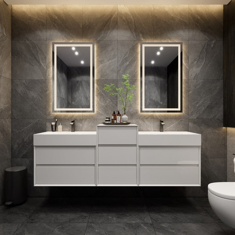 Max 68" Wall Mounted Bathroom Vanity with Reinforced Acrylic Integrated Sink Top and Center Linen Cabinet