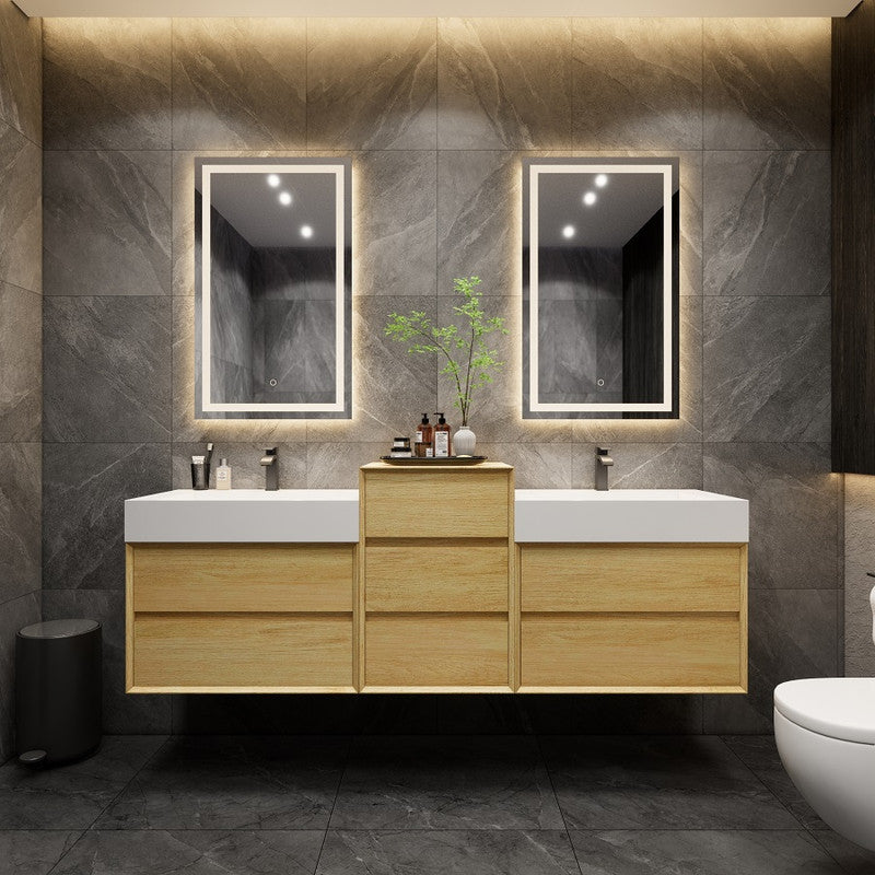Max 68" Wall Mounted Bathroom Vanity with Reinforced Acrylic Integrated Sink Top and Center Linen Cabinet